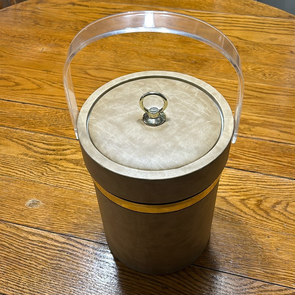 Shelton Ware faux leather Mid-Century Modern ice bucket w/lid.  Lucite handle.